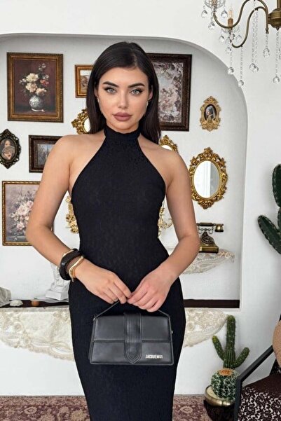 CKM MODA فستان ميدي برباط حول الرقبة من جينيل باللون الأسود