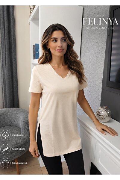 moda felinya KADIN KISA KOLLU KREM RENK TAYT ÜZERİ KULLANIM İÇİN İDEAL YIRTMA...