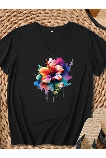 JENOLAN Women's V-Neck Colorful Floral Printed T-Shirt Loose New Season