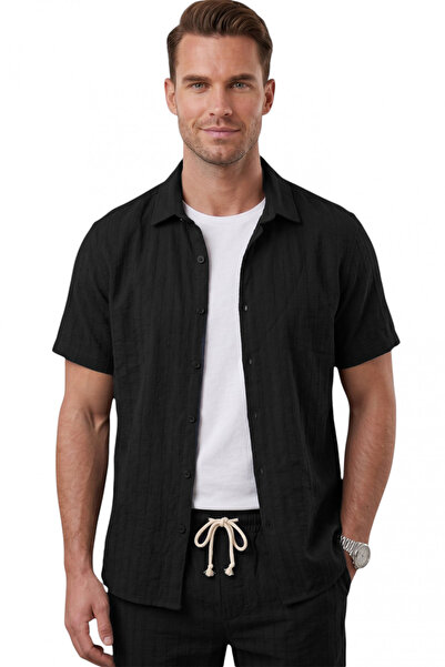 DeepSEA Cămașă sport pentru bărbați, neagră, slim fit, cu textură în dungi, c...