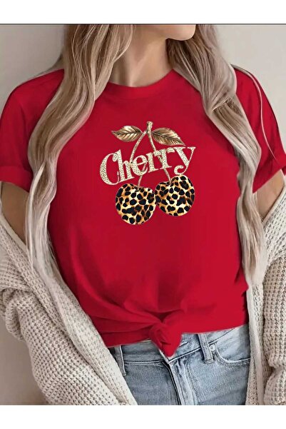 tkn your style Women's Leopard Cherry Print Design Tshirt
