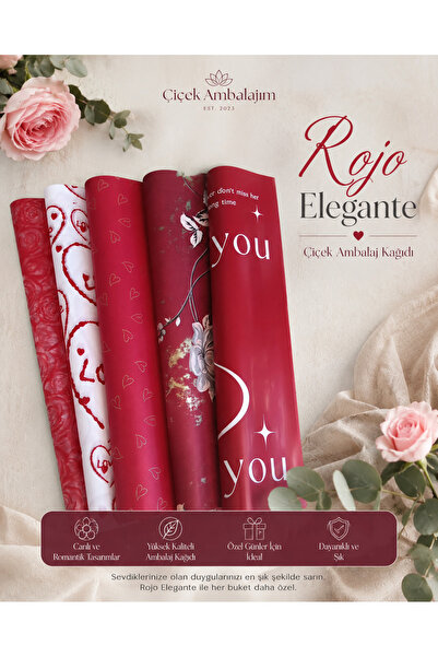 hobidaşım Rojo Elegante Kırmızı Desenli Çiçek Ambalaj Kağıdı 10 adet Buket Pa...
