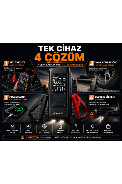 Taşınabilir Akü Takviye Cihazı ve Hava Kompresörü 800A 150 PSI 6000mAh Powerbank LED Işıklı