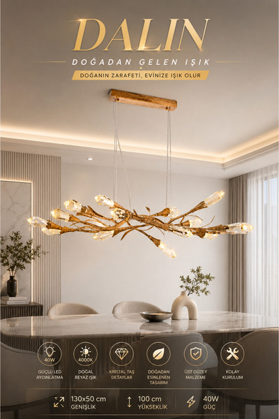 Elvora Home Modern (PREMİUM) LED Doğal Ahşap Kristal Taşlı Salon Yemek Odası ...