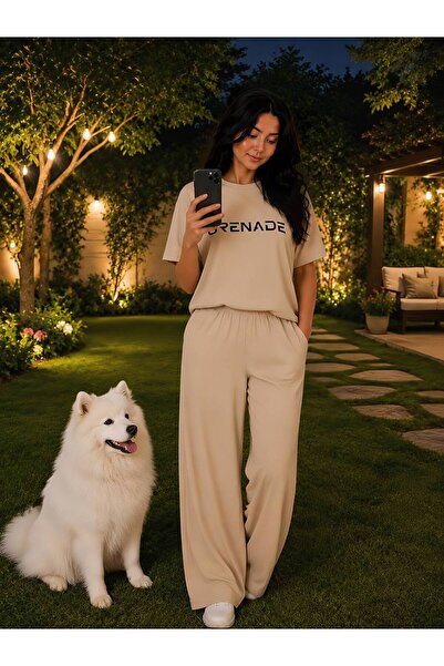 1way T-Shirt Pajamas with Elastic Wide-Leg Pants Home Set Fashionable and Com...