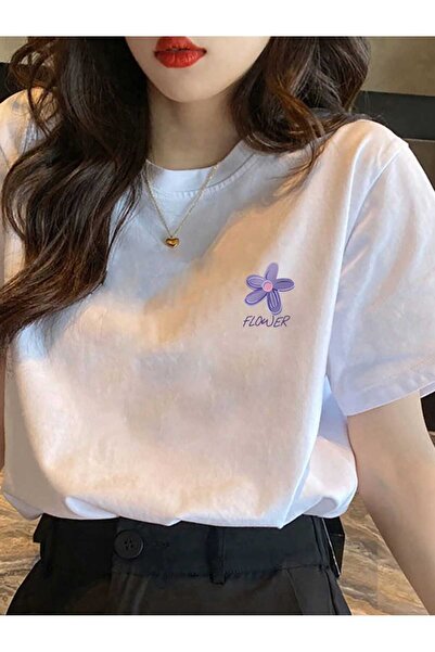 JENOLAN Μωβ φλοράλ εμπριμέ Λευκό Oversize Casual Boyfriend T-shirt