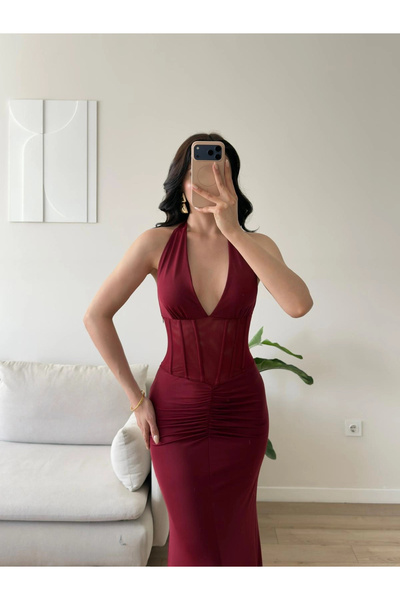 Zoom Butik Bel Korse Maxi Elbise - BORDO