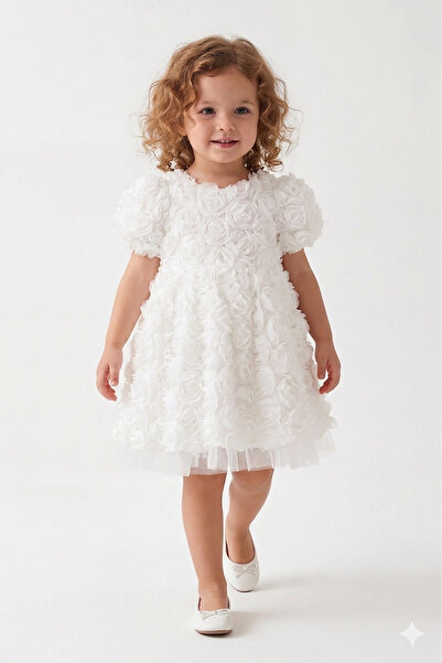 kidello Roseme Ecru Bow Detailed Gipe Elastic Girls' Dress Birthday