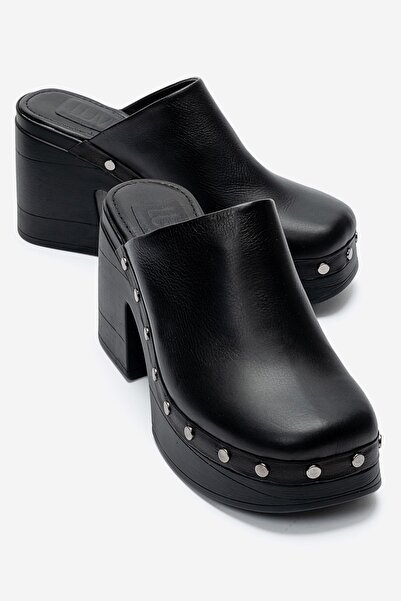 LuviShoes Bellune Black Skin Genuine Leather Women's Thick Heeled Slippers wi...
