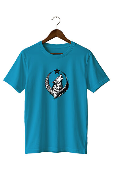 WİDİ Special Design Minimalist Snow Wolf and Moon Star Printed T-Shirt 100% C...