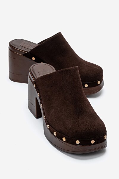LuviShoes Bellune Brown Suede Genuine Leather Women's Thick Heeled Slippers w...