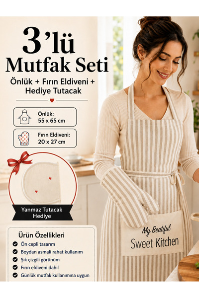 Magiclady 3lü Mutfak Seti Önlük + FırınEldiveni+ Tutamaç