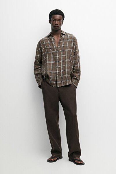 Massimo Dutti %100 keten regular fit kareli gömlek
