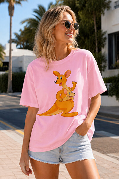 ArtYus Kangaroo and Baby Kangaroo Printed Unisex Oversize T-Shirt – Cotton Cr...