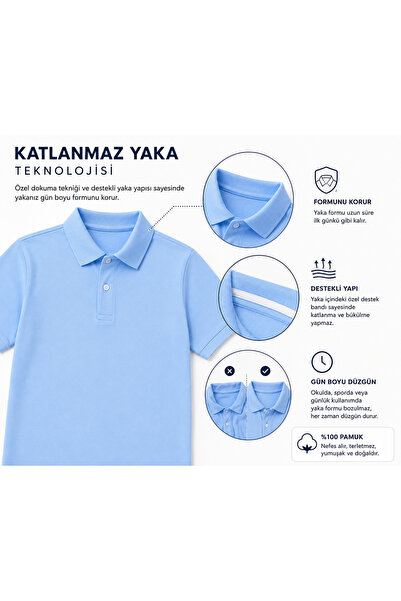 MODA %100 Pamuk Polo Kıvrılmaz Yaka Okul T-Shirt Nefes Alan Kumaş