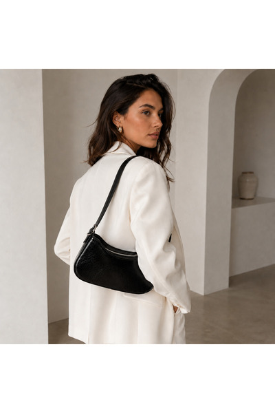 RAPA Black Patent Leather Look Baguette Shoulder Bag Zippered Women's Bag