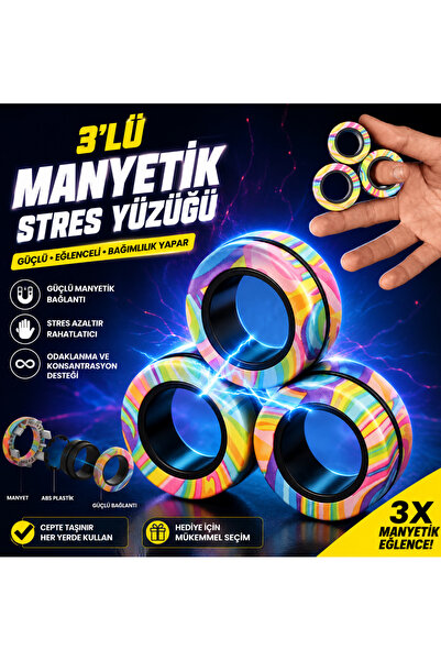 LRS STORE 3'lü Manyetik Stres Yüzüğü | Fidget Ring Oyuncağı | Anti Stres Parm...