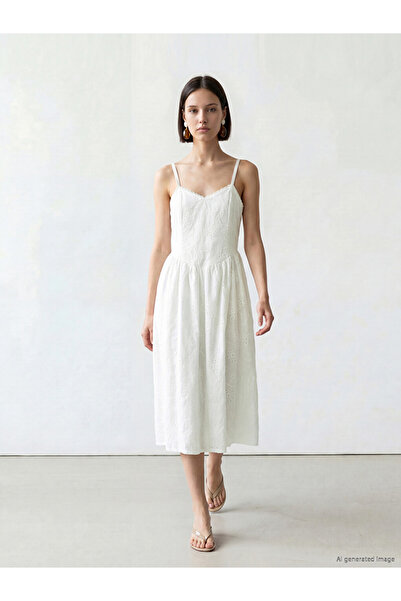 LC Waikiki Lcw Modest White V-Neck Rope Strap Brode Dress
