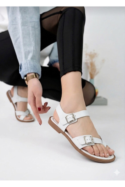WEBORN Women's White Flip-Flop Double Buckle Ankle Comfortable Sole Sandals