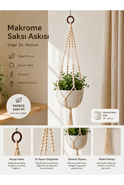 Venoura Decor&Crafts El Yapımı Makrome Saksı Askısı | Doğal Pamuk İp | Ahşap ...