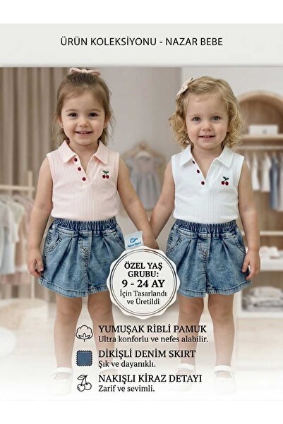 Kız Bebek Kot Şortlu Kiraz Desenli Takım 2 farklı renk seçeneği ile
