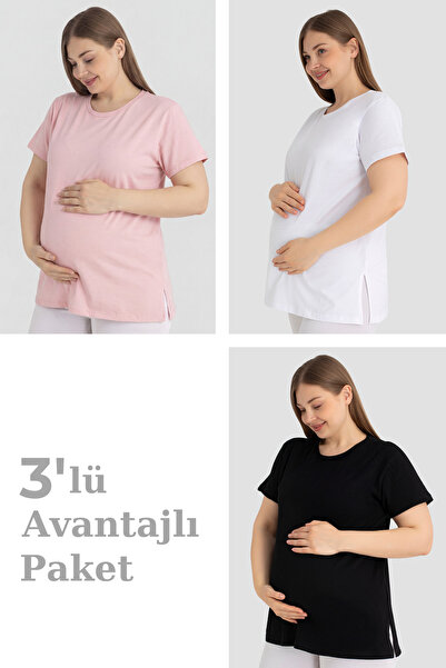 Arma Yıldız Pamuklu Kısa Kollu Hamile Tişört 3'lü Paket – Yumuşak ve Rahat Ha...