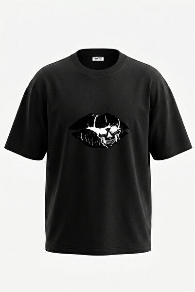 Anetos Skull Kiss_1 Tricou oversize negru din bumbac cu imprimeu pe spate