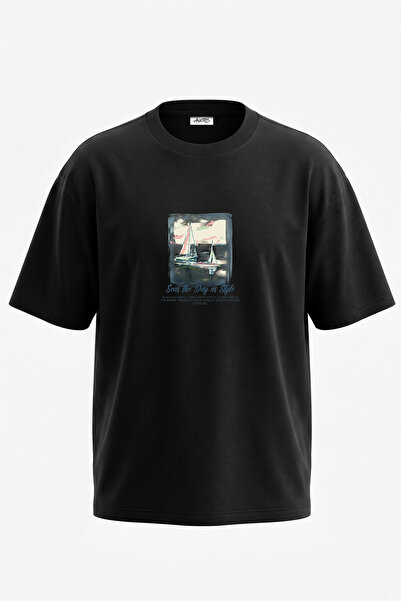 Anetos Tricou oversize negru din bumbac cu imprimeu pe spate cu design barcă ...