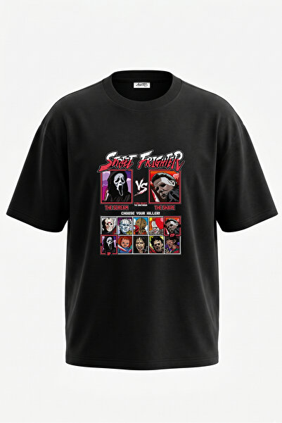 Anetos Korku Ikonlari_1 Tricou oversize negru din bumbac cu imprimeu pe spate