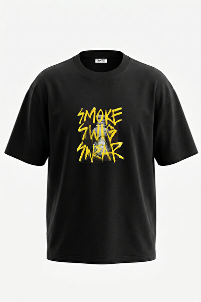Anetos Tricou oversize negru din bumbac cu imprimeu pe spate cu design clasic...