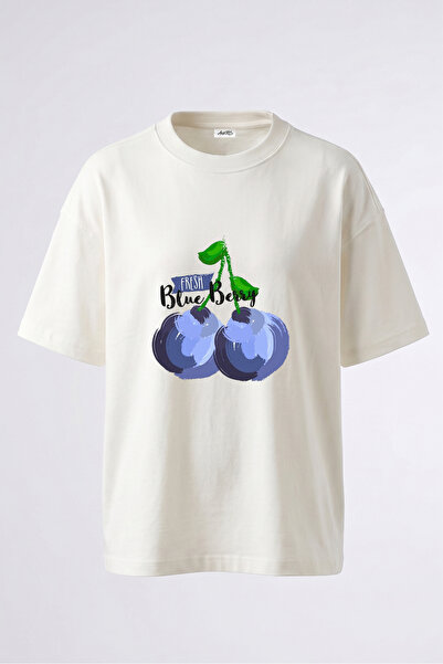 Anetos Tricou oversize alb din bumbac cu imprimeu pe spate Blue Berry Design