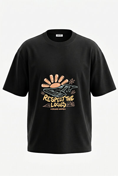 Anetos Tricou oversize negru din bumbac cu imprimeu pe spate Whale Sun Design