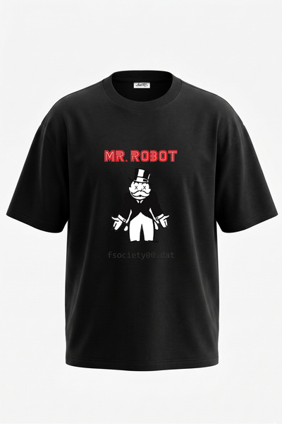 Anetos Tricou oversize negru din bumbac cu imprimeu pe spate Mr Robot Fsociet...