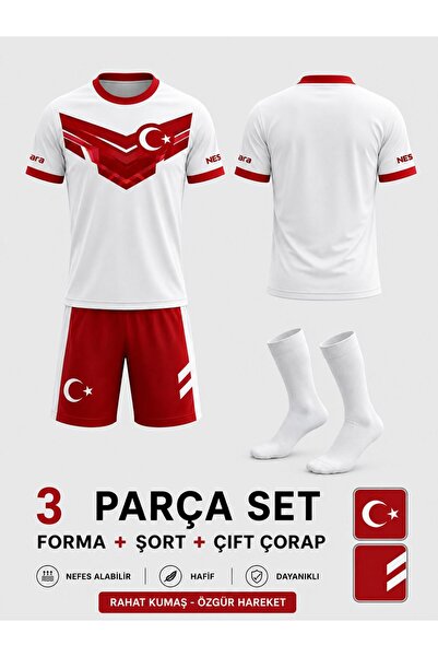 yenteks Türkiye 2026 (02) Beyaz Kırmızı Özel Tasarım Çocuk Forması Çorap Hedi...