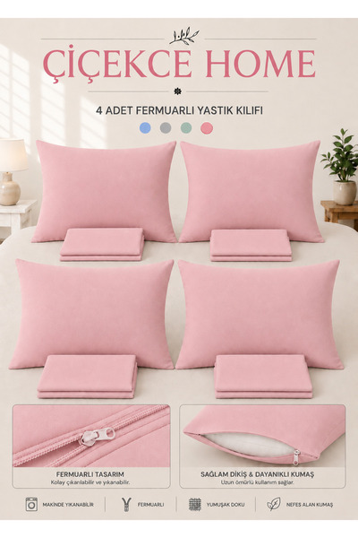 Çiçekce Home evinize renk katar Yastık Kılıfı 4 Adet Fermuarlı 50x70 cm