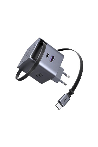 Ugreen Incarcator de retea 65W, GaN Fast Charger, USB-A, USB-C, Cablu Retract...