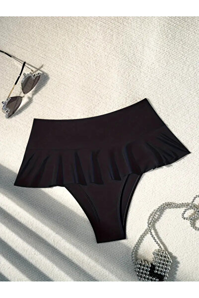 Amour Fashion Siyah Yüksek Bel Fırfırlı Bikini Altı