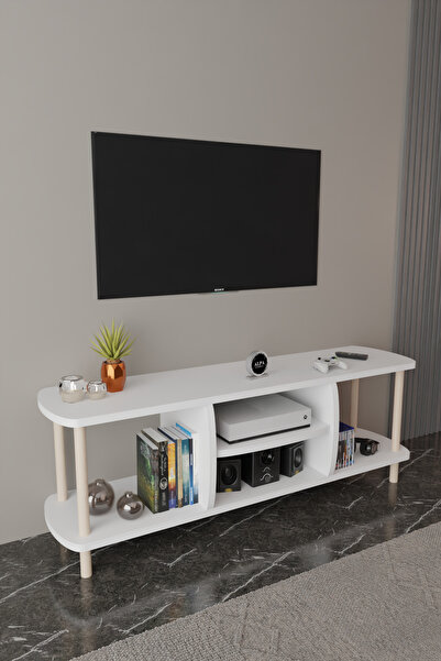 alpaevmobilya Çok Amaçlı Beyaz TV Ünitesi 4 Bölmeli 2 Katlı Modern Ahşap Tele...