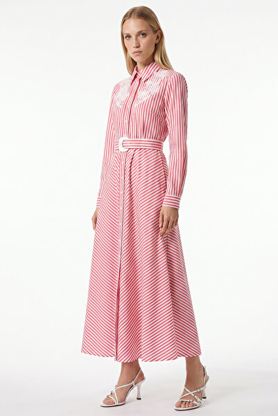 Exquise Belted Long Sleeve Embroidered Shirt Collar Regular Midi Dress