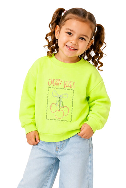 Divonette Girl's Sweatshirt, Highlighter Green, Long Sleeve, Bow, Cherry Patt...
