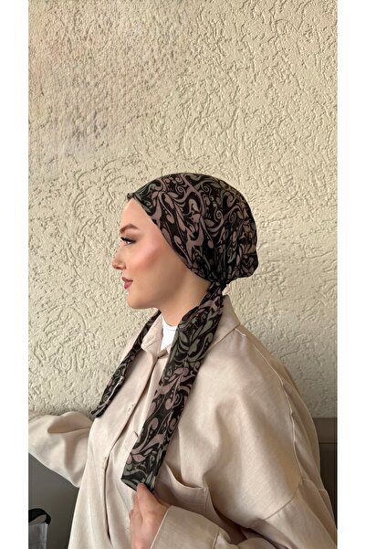 Anatolye Siyah Haki Etnik Desen Tülbent Eşarp Bone - Kaymaz Terletmez (Kaymayan)