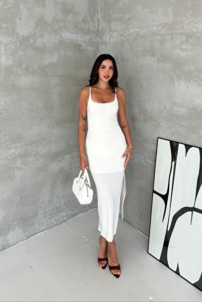 moda poni Rochie midi albă de damă, cu bretele și detaliu cu șliț