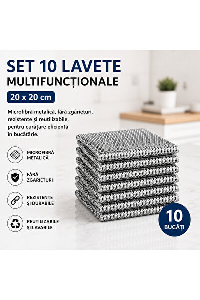 iTin Set 10 lavete multifunctionale 20 x 20 cm, microfibra metalica, fara zga...