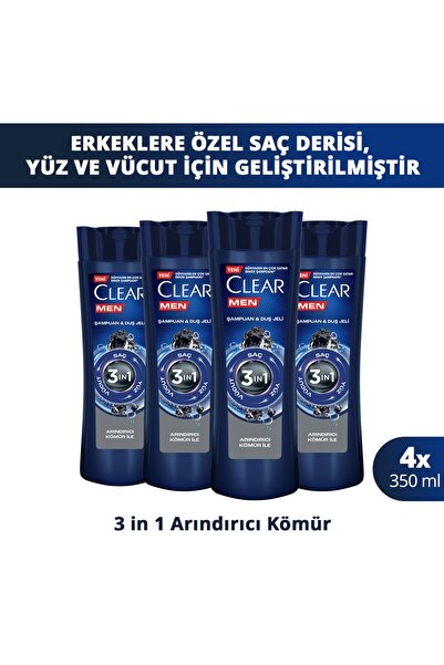Clear Men 3 in 1 Şampuan & Duş Jeli Arındırıcı Kömür Saç Yüz Vücut İçin 350 m...
