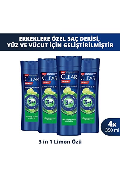 Clear Men 3in1 Şampuan & Duş Jeli Yağlanma Karşıtı Lime Özü 350 ml x4