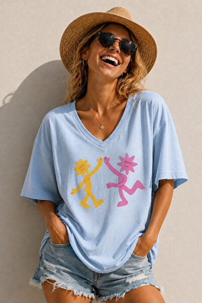 ArtYus Flower Characters Checkered Printed Unisex V-Neck Oversize T-Shirt – F...