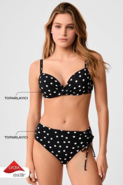 Kom Lampana Puan Desenli Destekli Bikini Takımı Siyah