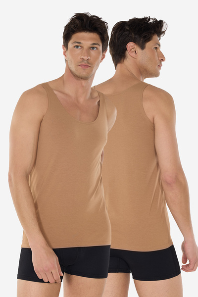 Malabadi Invisible Undershirt Men's 2 Pieces Cappuccino Thin Straps Non-Marki...