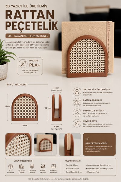 Mus3D Rattan Decorative Napkin Holder – Modern Desktop Napkin Stand with Rattan Pattern |   Plastic |   13 cm