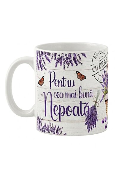 LimArt Cană ceramică personalizată, model cu lavandă și fluturi, 350 ml, „Pen...
